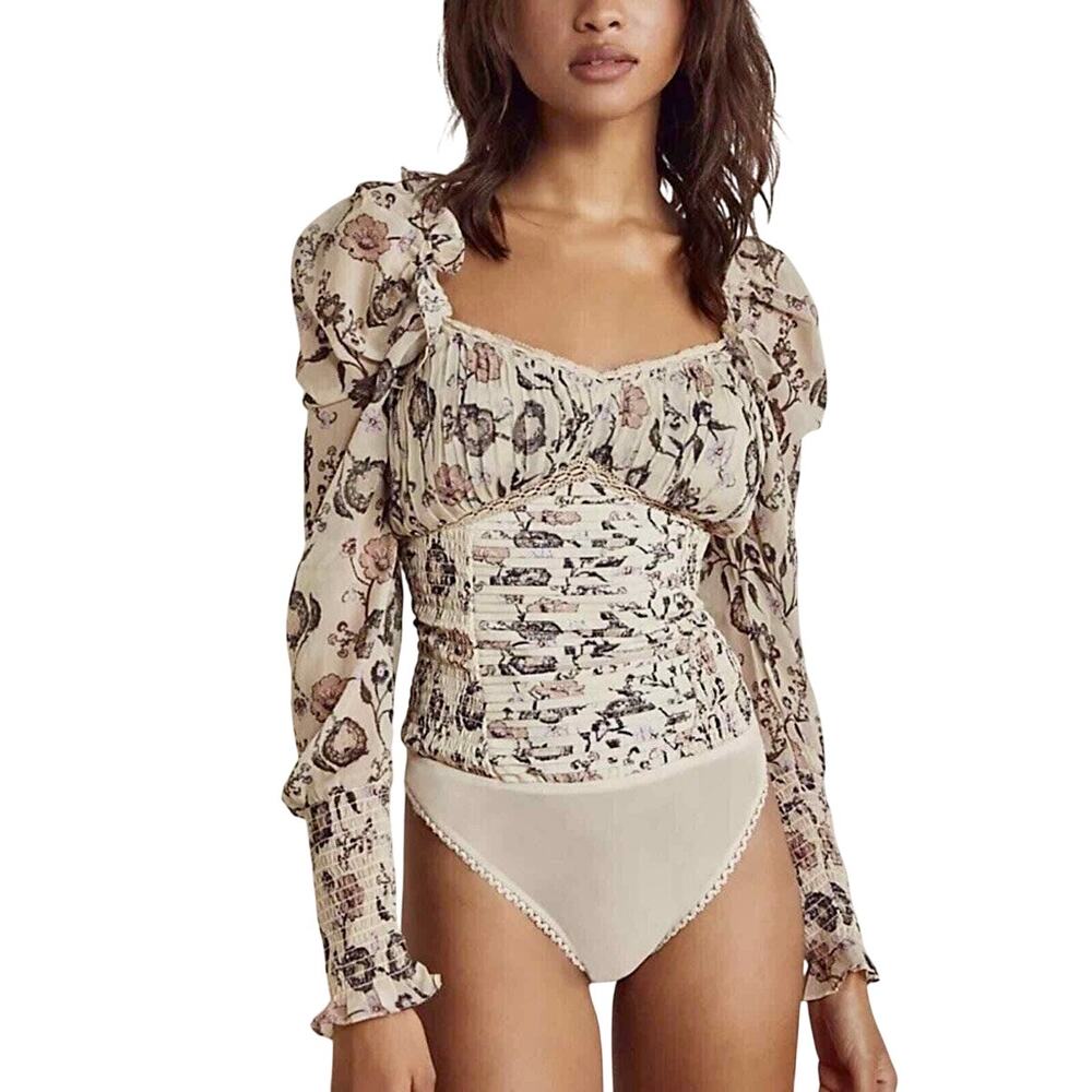 Free People Brunch Date Coquette Ruffled Smocked Floral Bodysuit Top Fairy